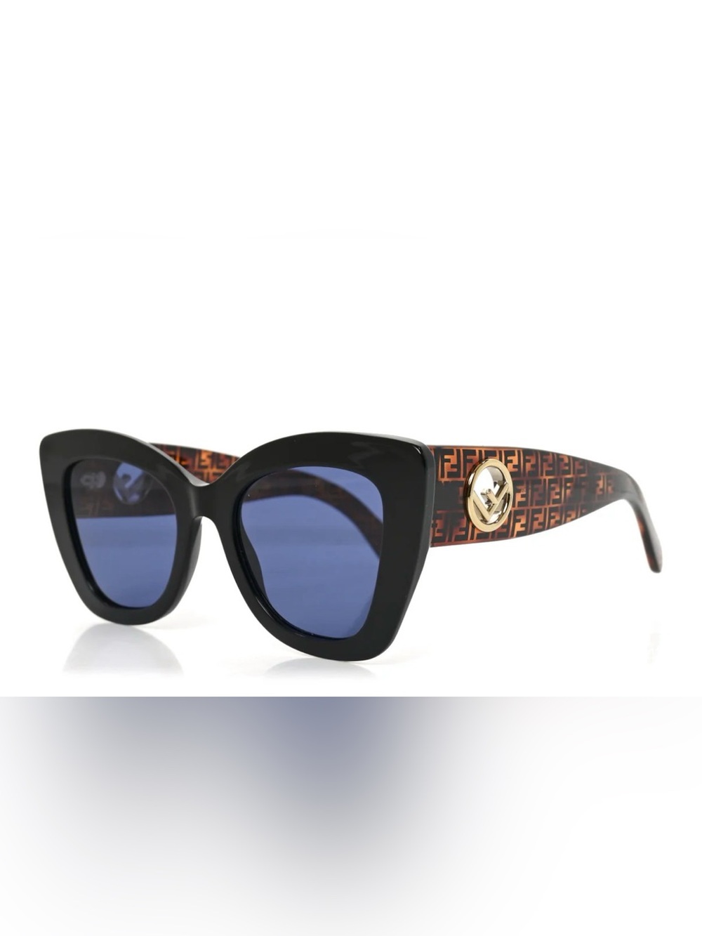 Fendi Black Cat-Eye Sunglasses with Brown Patterned Arms and Blue Lenses
